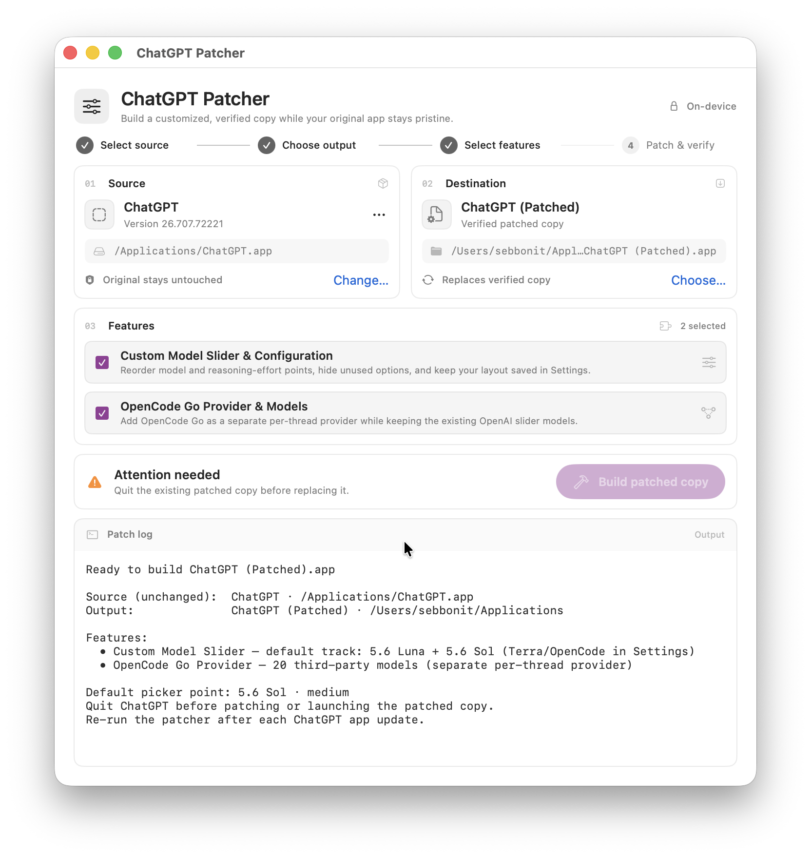 ChatGPT Patcher app showing its patch and verification workflow
