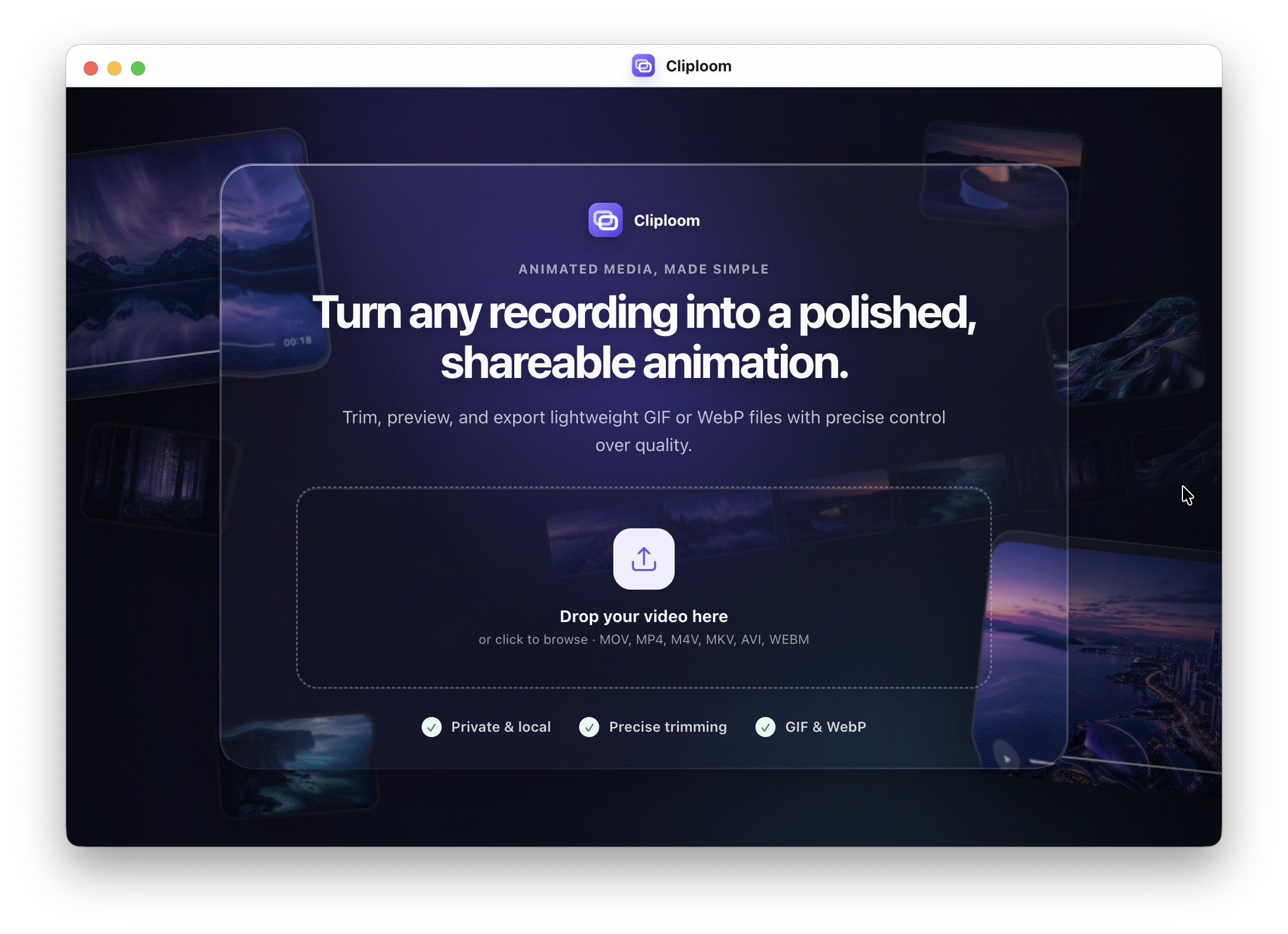 Cliploom macOS app for turning recordings into polished GIF and WebP animations