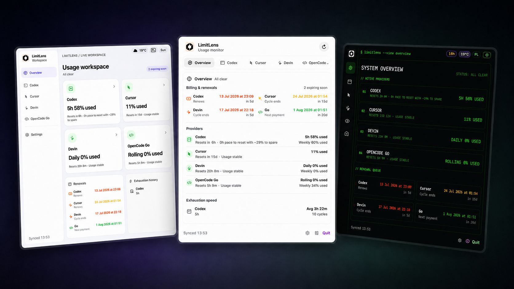 LimitLens usage monitor shown in light and dark themes